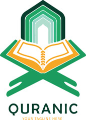 A captivating quranic logo design featuring a book on rehal and mosque dome