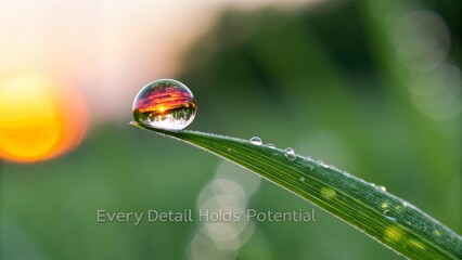 Water Drop Reflecting Sunset on a Green Leaf