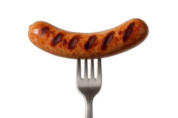 Grilled sausage on fork, cooked meat wurst bratwurst, barbeque food, ready to eat, transparent background
