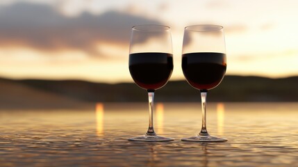 Romantic Sunset with Two Glasses of Red Wine on a Serene Table