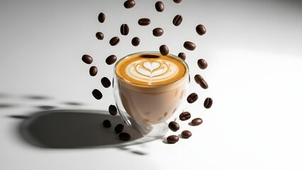 Coffee with latte art and falling beans