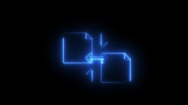 Glowing neon document exchange concept with arrows on black background .4k motion video icon .