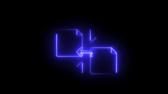 Glowing neon document exchange concept with arrows on black background .4k motion video icon .