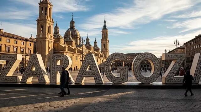 Sunlit Zaragoza Cityscape with Historic Towers and a Bold Sign by the Riverfront.