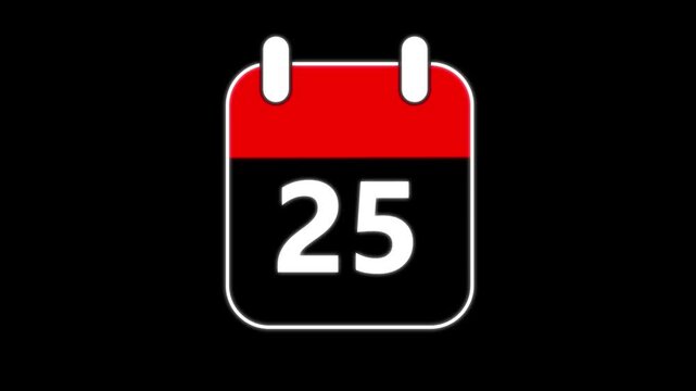 Abstract calendar icon - day no 25 animation. Simple technology calendar with date concept on black background. 4K Video motion graphic animation. Event reminder symbol