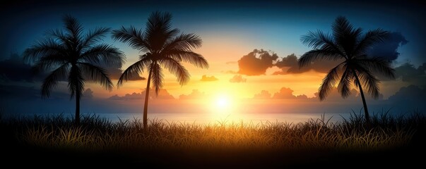 Obraz premium Serene Sunset Over Tropical Beach with Silhouette of Palm Trees