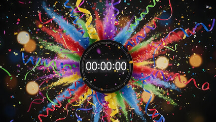 Colorful confetti explosion with a digital countdown timer at zero, celebrating a festive event.