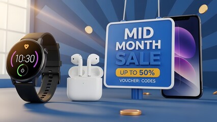 Mid month sale promotion featuring smartwatch, wireless earbuds, and smartphone