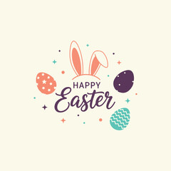 Joyful happy easter illustration with bunny ears and colorful eggs in a festive design
