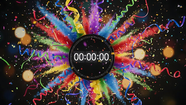 Colorful confetti explosion with a digital countdown timer at zero, celebrating a festive event. - Powered by Adobe