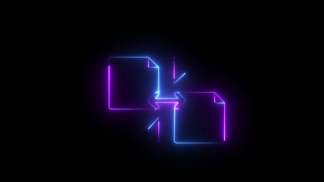 Glowing neon document exchange concept with arrows on black background .4k motion video icon .