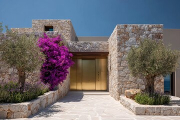 Naklejka premium A charming stone house featuring a stunning golden entrance, surrounded by vibrant blooming plants along the inviting pathway, all basking in the warm sunlight of a beautiful day