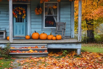 A golden-hued autumn farmhouse scene, pumpkins stacked by the porch steps and colorful leaves scattered across the yard 