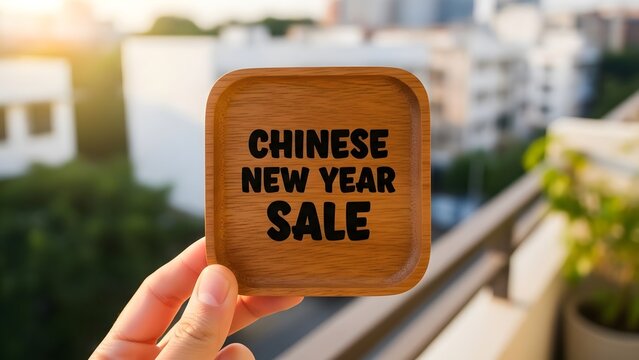 Wooden sign with chinese new year sale message held outdoors