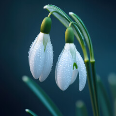 Snowdrop flowers with morning dew on blue background

