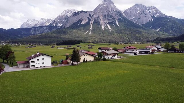 Aerial view of the idyllic alpine village Lermoos Zugspitze mountain range, Tyrol, Austria.
