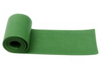 Green resistance band unrolling, representing health, physiotherapy, and home workout concepts, fitness equipment for exercise