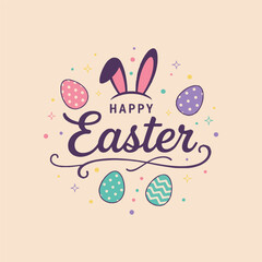A vibrant happy easter greeting with bunny ears and festive decorated eggs illustration