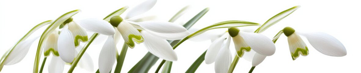 Snowdrop flowers row backlit on white background banner

