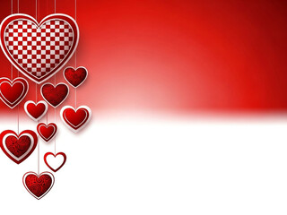 Red hearts hanging from strings on red and white gradient background