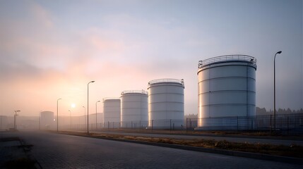 Fototapeta premium Large industrial storage tanks lined up against a foggy dawn sky