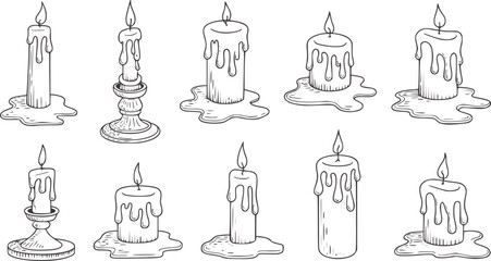 Nine hand drawn melting candles in various styles black and white line