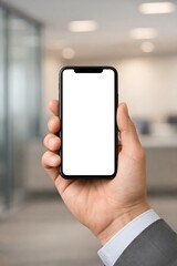 Person holding smartphone with blank screen in office setting