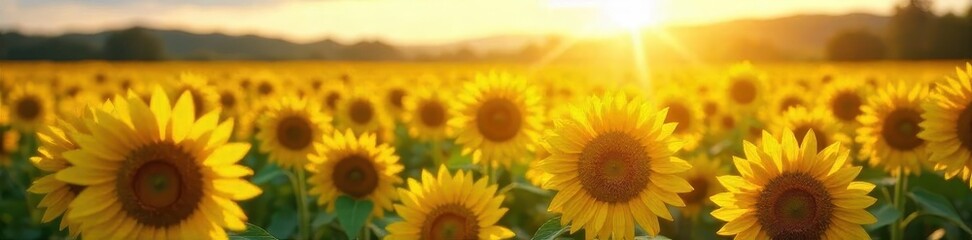 Fototapeta premium Bright sunbeams illuminate vibrant yellow sunflowers in a field , optimistic, rays