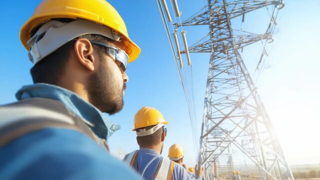 Power Line Professionals: A team of diligent professionals, clad in protective gear and helmets, inspects high-voltage power lines under a clear, bright sky.
