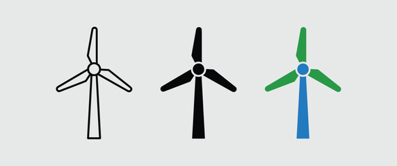 Wind Turbines Icons Set in Simple Flat Design with Black Green Blue Colors on White Background for Renewable Energy
