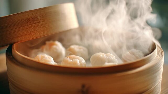 Delicious Asian Cuisine Steamed Dumplings in Bamboo Steamer Release Hot Steam, Creating Warm and Inviting Food Experience