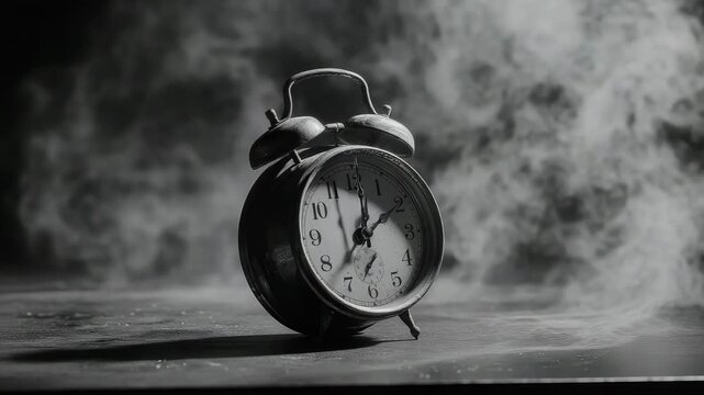 Vintage Rusted Alarm Clock Shrouded in Ethereal Smoke: Lost Time Concept
