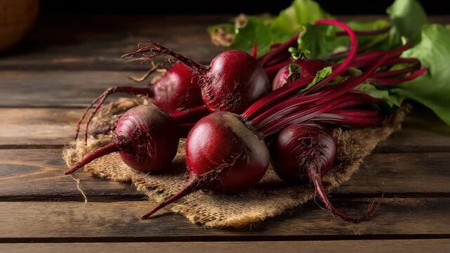 Vibrant Freshly Harvested Red Beets with Greens on a Rustic Wooden Table: Autumn Harvest