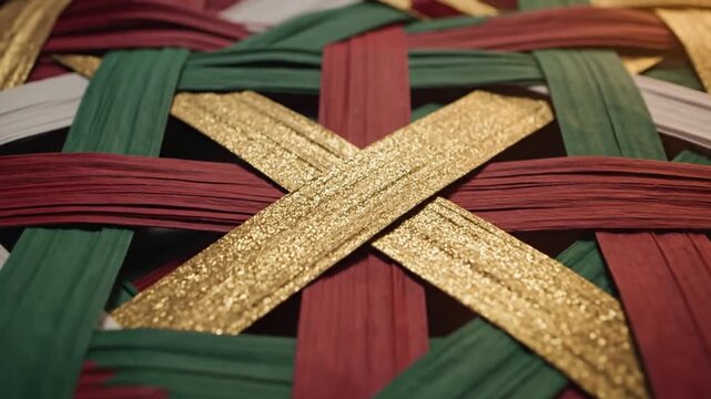 Abstract woven pattern with gold red green and white