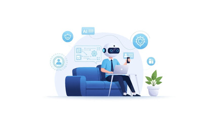 Man in virtual reality headset working on laptop at home