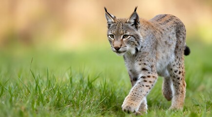 Fototapeta premium Eurasian lynx -lynx lynx- kitten playing on the forest ground, cute young lynx in the colorful wilderness forest, Germany. 