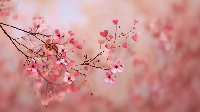 Romantic Valentine's Day Scene: Pink hearts blossom on branches, resembling a love cherry tree
