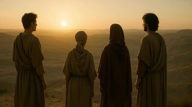 A group of four people in biblical robes watch the sunset over a vast desert. Followers on a spiritual journey contemplating the horizon. Faith and history concept