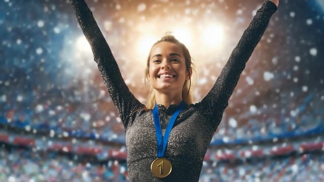 A joyful woman raises her arms in triumph after winning a gold medal. She beams with happiness against the backdrop of a cheering stadium