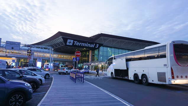 Rome, Italy - December 19, 2025 : Departure Entrance of Terminal 3 at Rome Fiumicino Airport at Rome, Italy