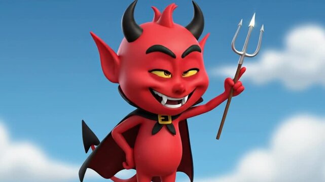 Cute Cartoon Red Devil Character Animation With Trident and Cape.