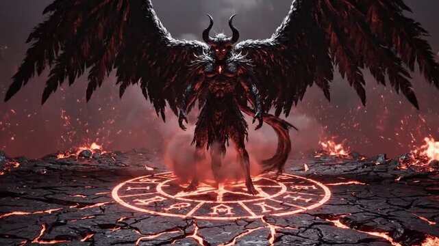 Epic Winged Demon Lord Standing in a Fiery Magic Circle.