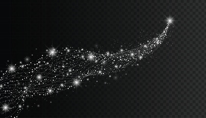 Glittering trail of silver dust, snowflakes and sparkles moving upwards in a dynamic curve against a dark background, vector illustration © Shahin