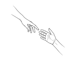 Two hands reaching towards each other in a line touching connection