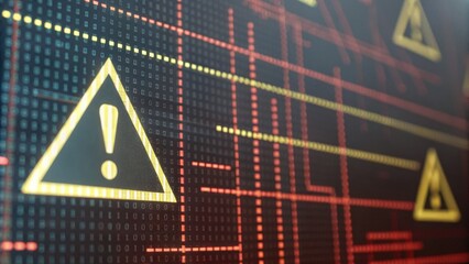 A digital warning sign amidst a backdrop of binary code, indicating a cybersecurity alert or potential system threat.