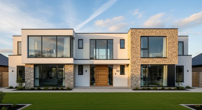 Modern luxury house with stone facade and large windows real estate exterior