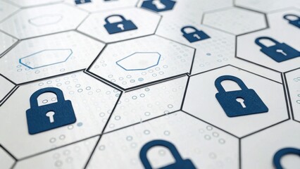 A digital pattern featuring hexagonal tiles with lock icons, symbolizing security and technology.