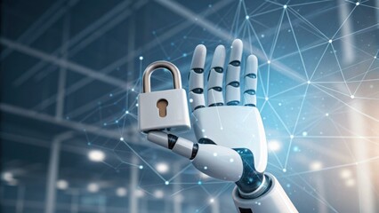 A robotic hand holds a padlock, symbolizing security and technology in a digital landscape.