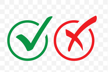 Green check mark and red cross symbols for yes no correct incorrect choices approval rejection vector