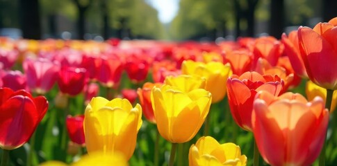 Striking rows of multicolored tulips, sharp focus, sunny day , landscape, plant